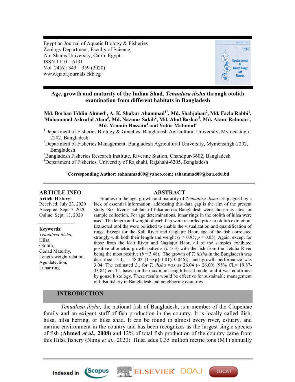 Age, Growth and Maturity of the Indian Shad, Tenualosa Ilisha Through Otolith Examination from Different Habitats in Bangladesh