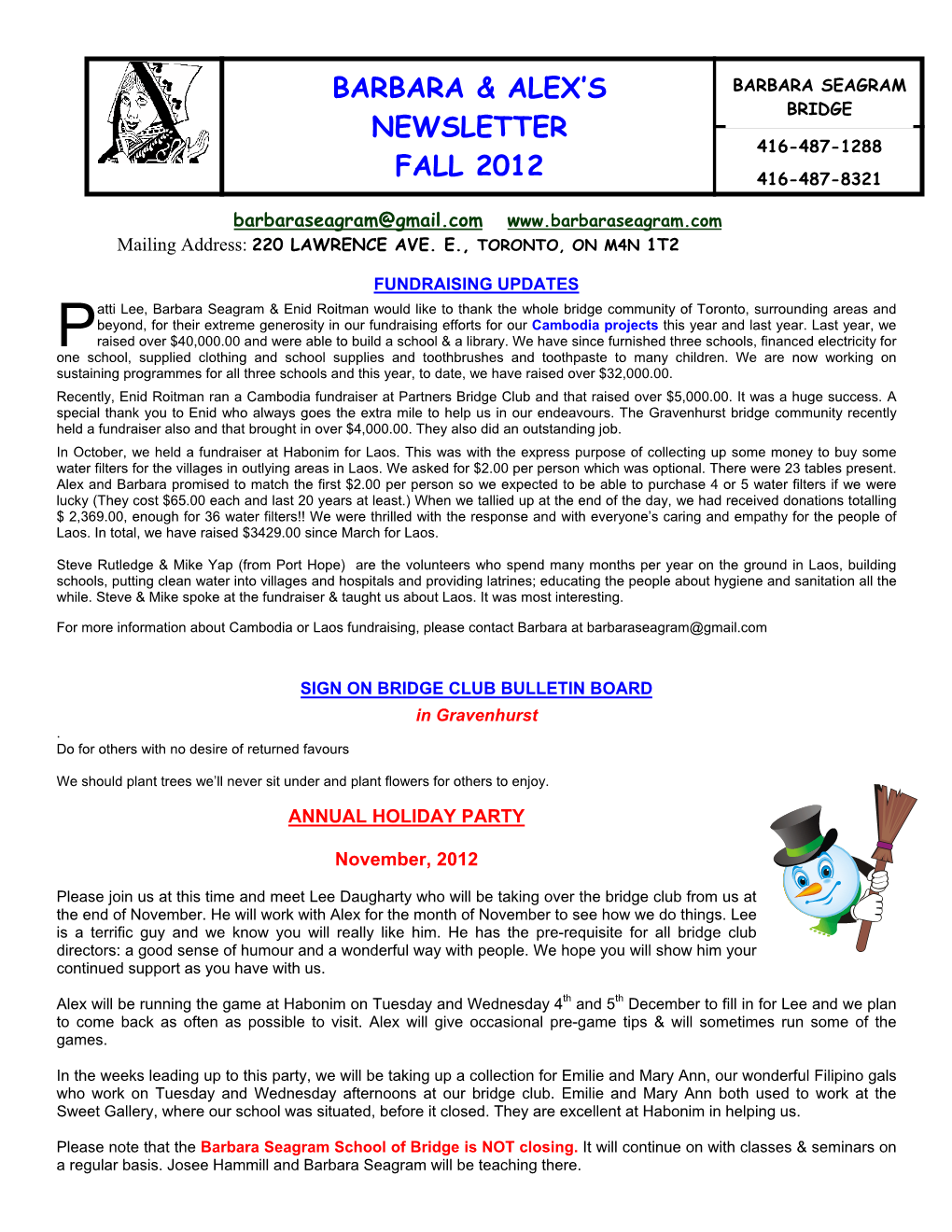 Barbara & Alex's Newsletter Fall 2012