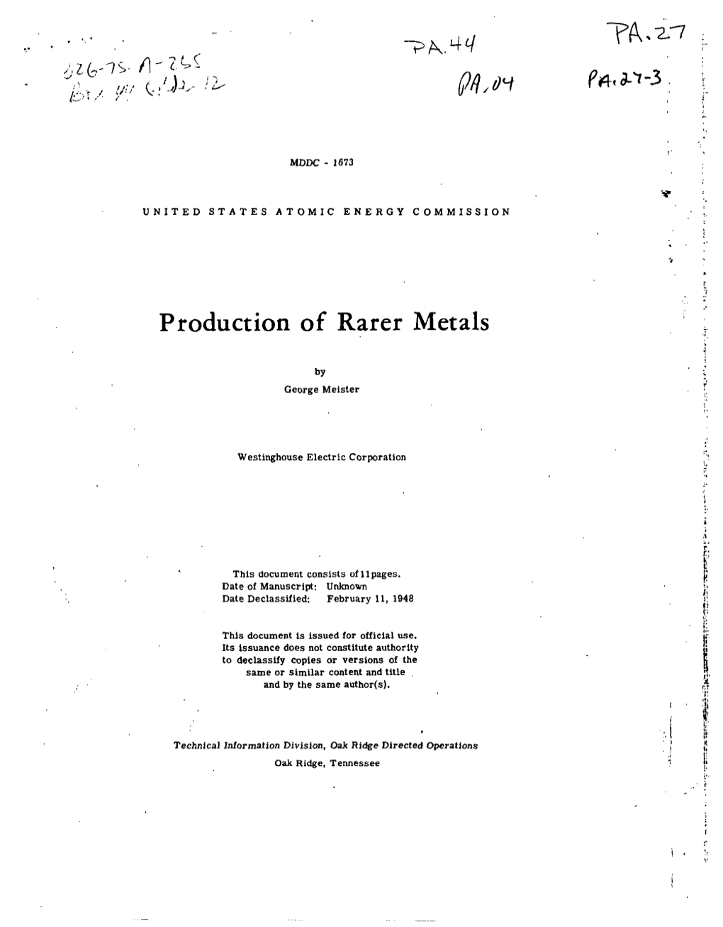 Production of Rarer Metals