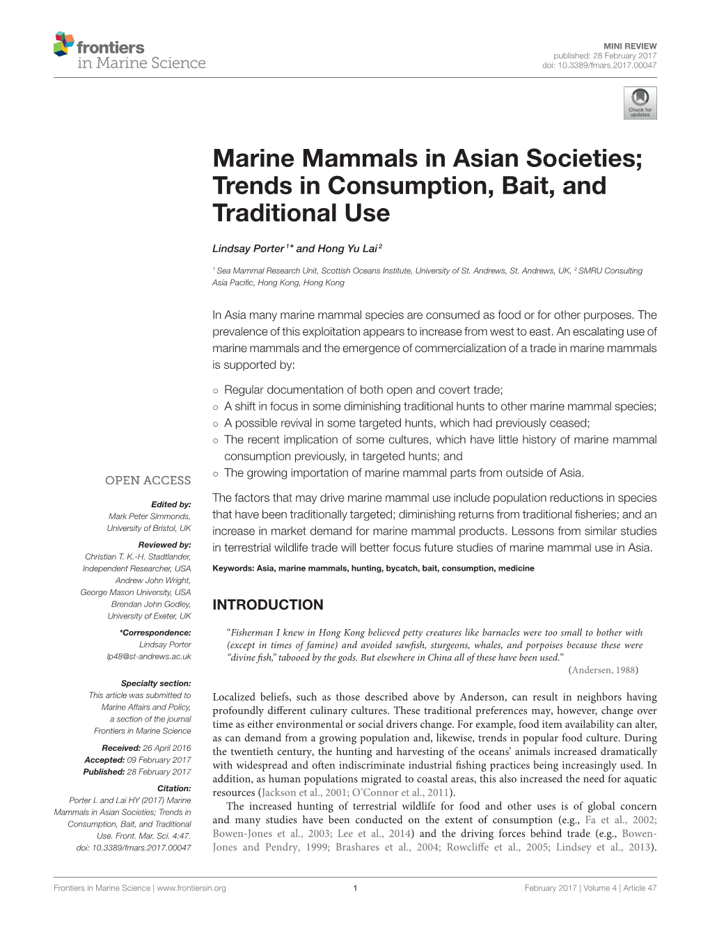 Marine Mammals in Asian Societies; Trends in Consumption, Bait, and Traditional Use