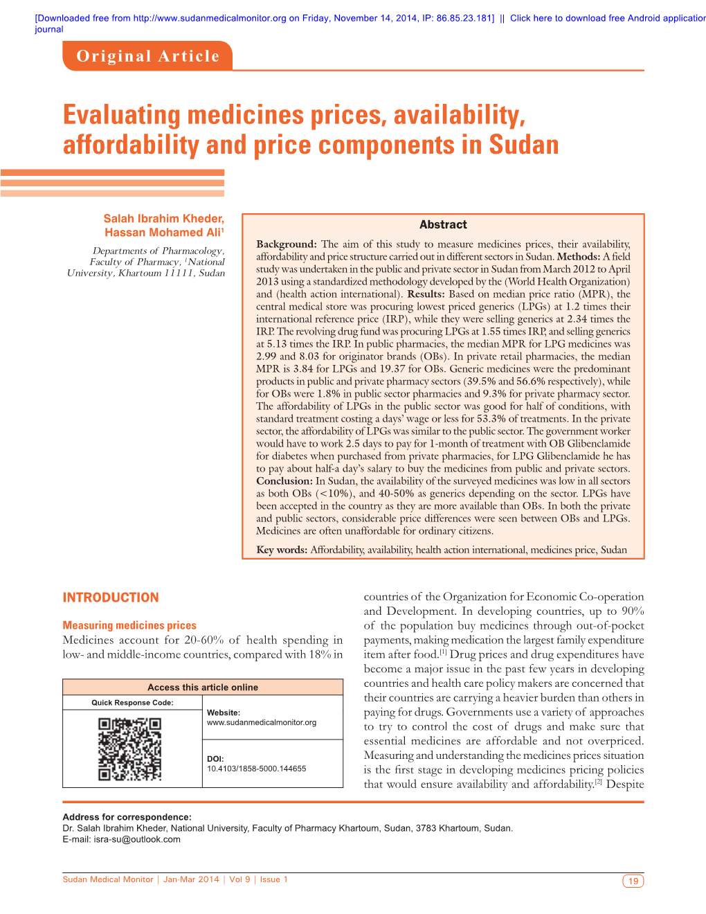 Evaluating Medicines Prices, Availability, Affordability and Price Components in Sudan