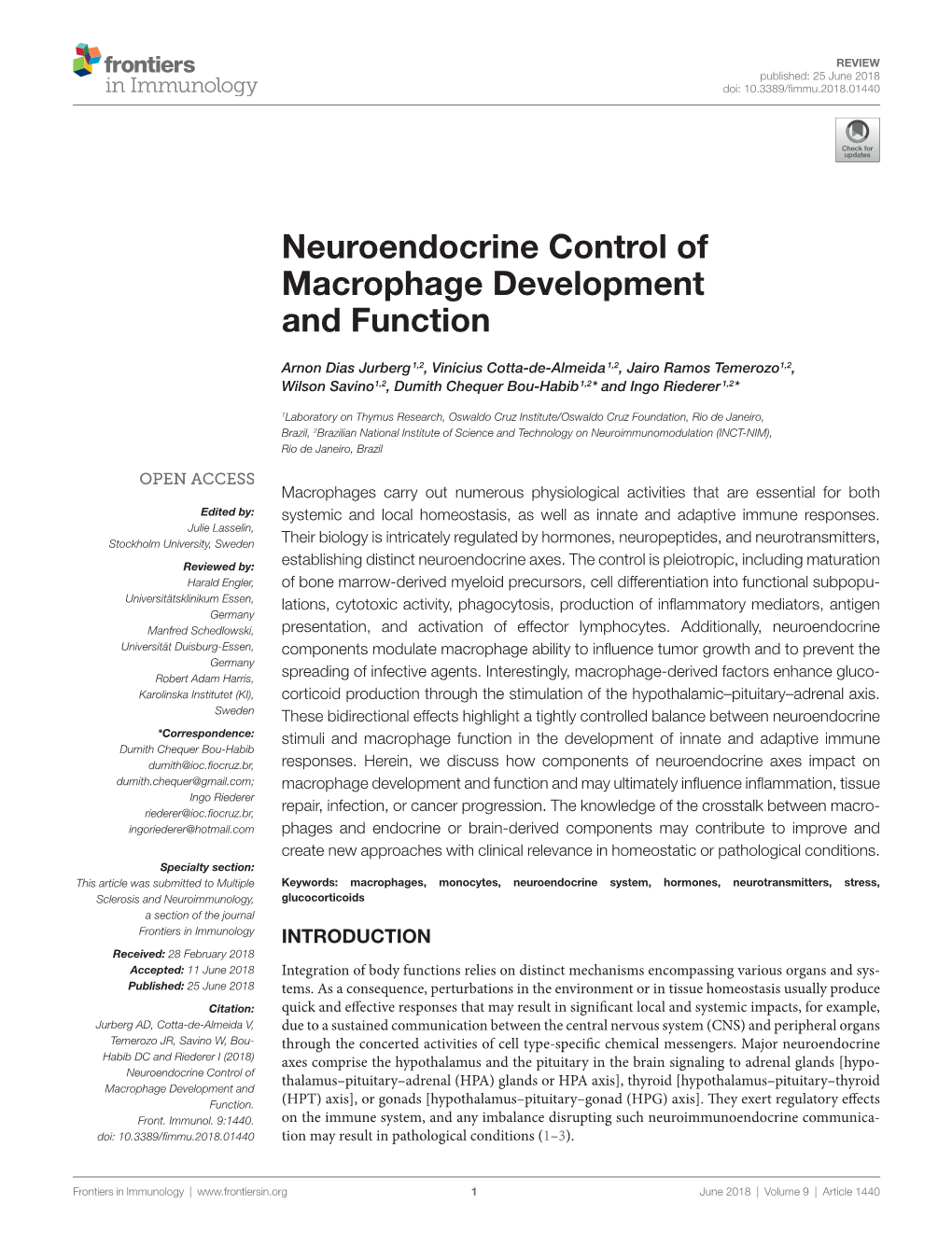 Neuroendocrine Control of Macrophage Development and Function