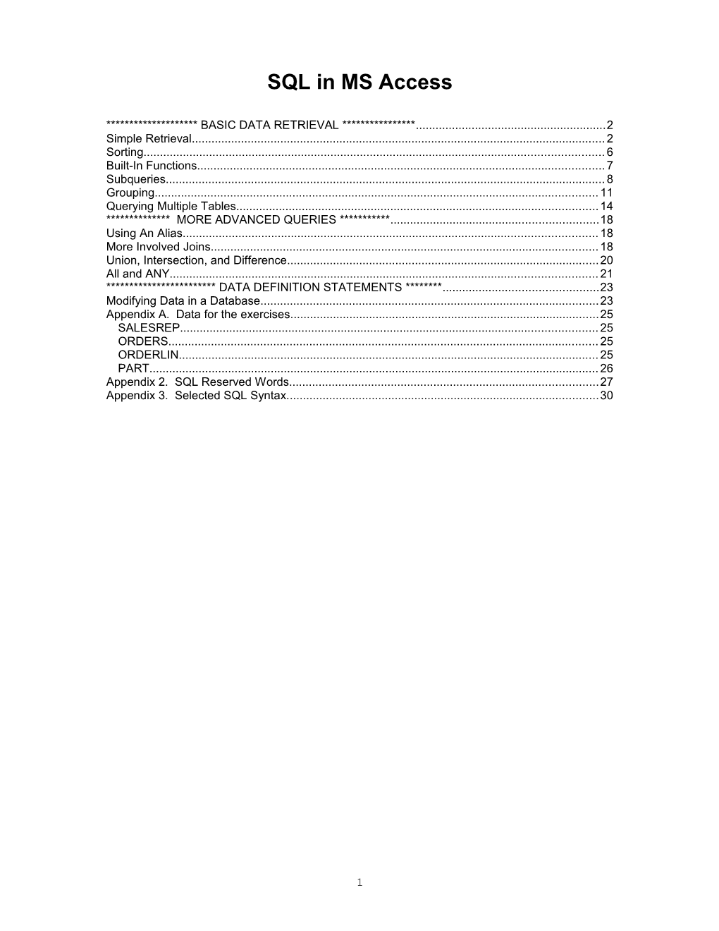 SQL in MS Access