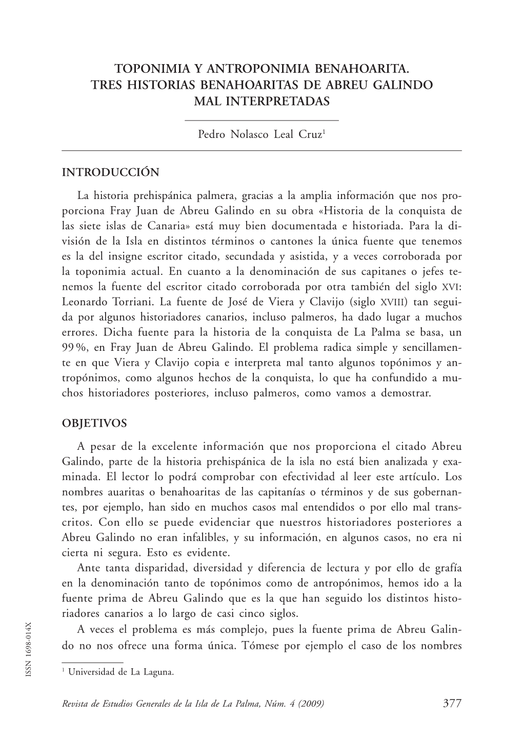 Toponimia Y Antroponimia Benahoarita. Tres Historias Benahoaritas De Abreu Galindo