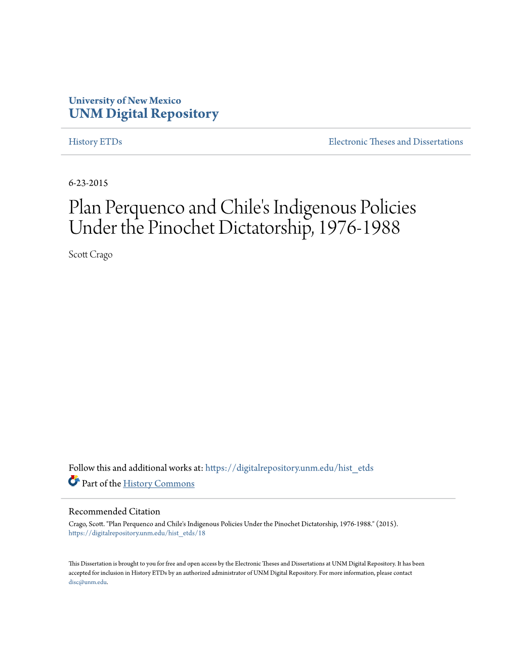 Plan Perquenco and Chile's Indigenous Policies Under the Pinochet Dictatorship, 1976-1988 Scott Rc Ago