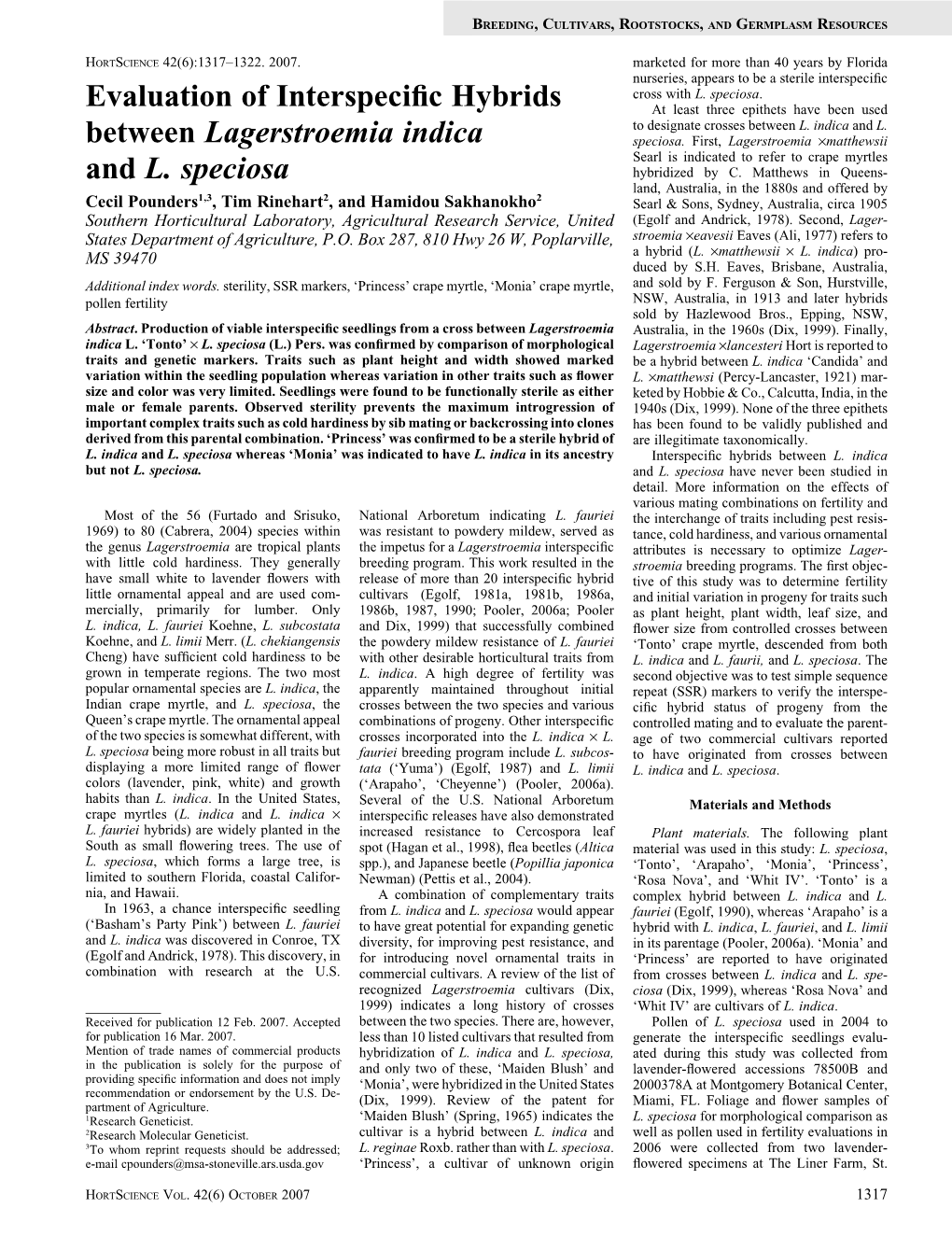 Evaluation of Interspecific Hybrids Between Lagerstroemia Indica And