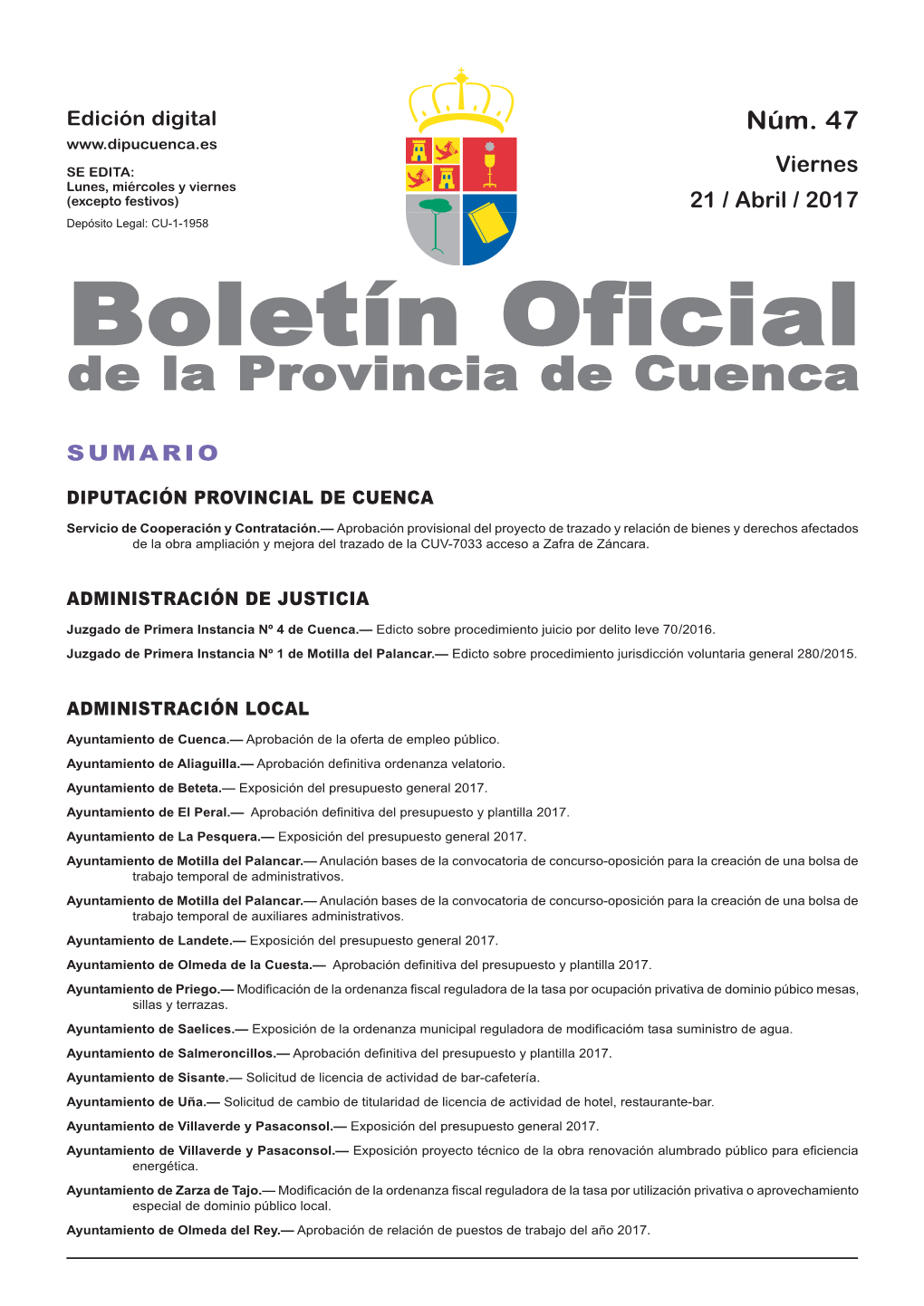 Boletín Oficial De La Provincia De Cuenca Sumario Diputación Provincial De Cuenca