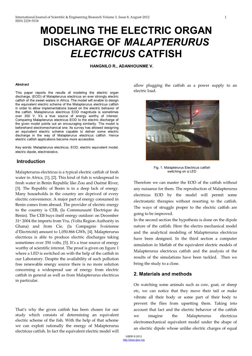 Modeling the Electric Organ Discharge of Malapterurus Electricus Catfish