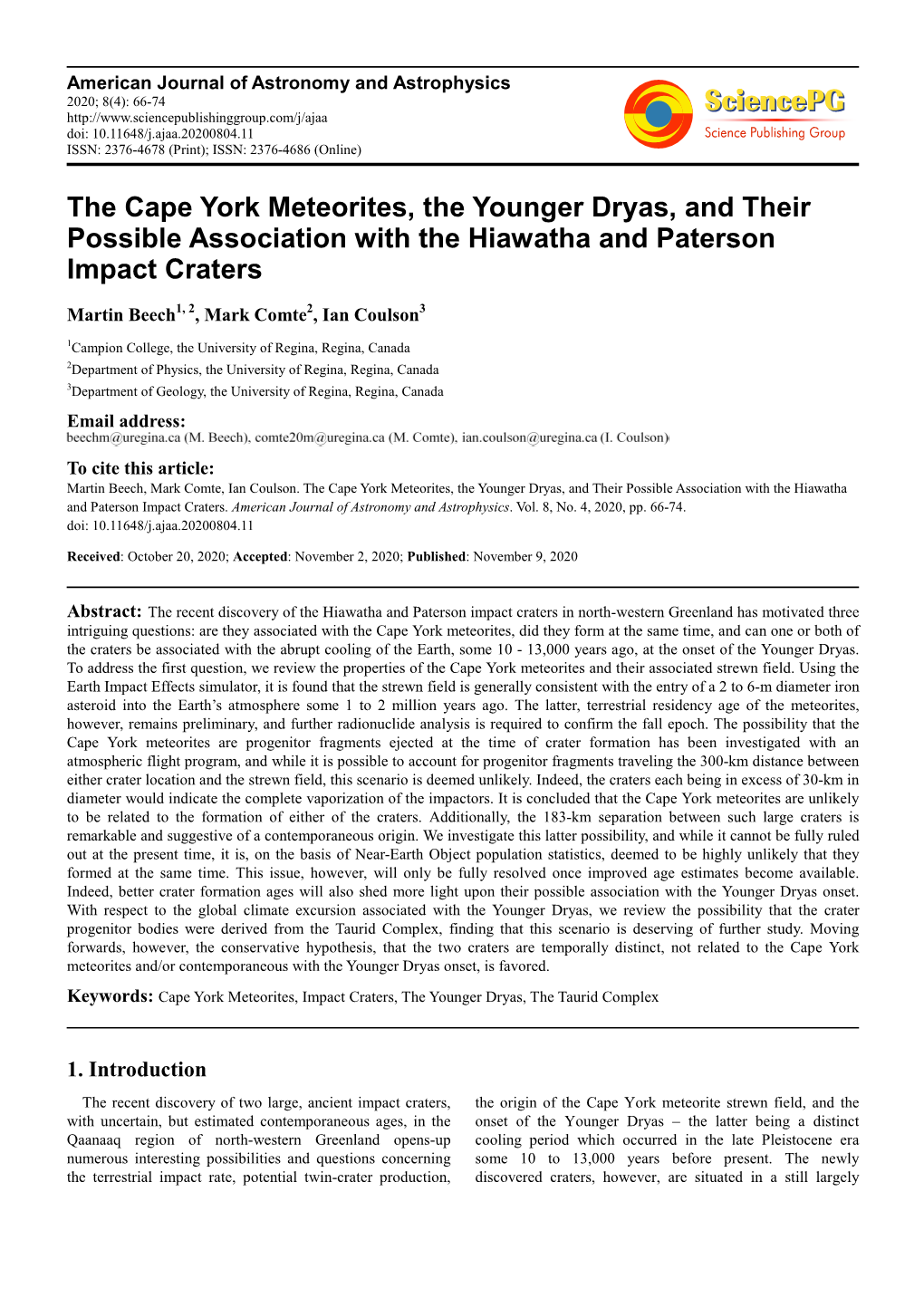 The Cape York Meteorites, the Younger Dryas, and Their Possible Association with the Hiawatha and Paterson Impact Craters