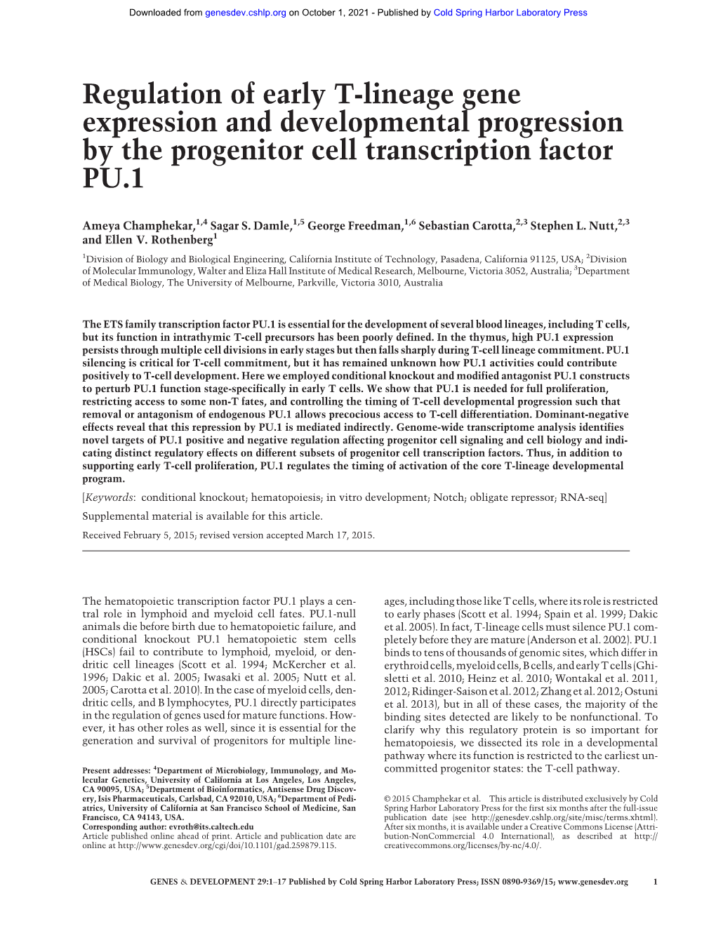 Regulation of Early T-Lineage Gene Expression and Developmental Progression by the Progenitor Cell Transcription Factor PU.1