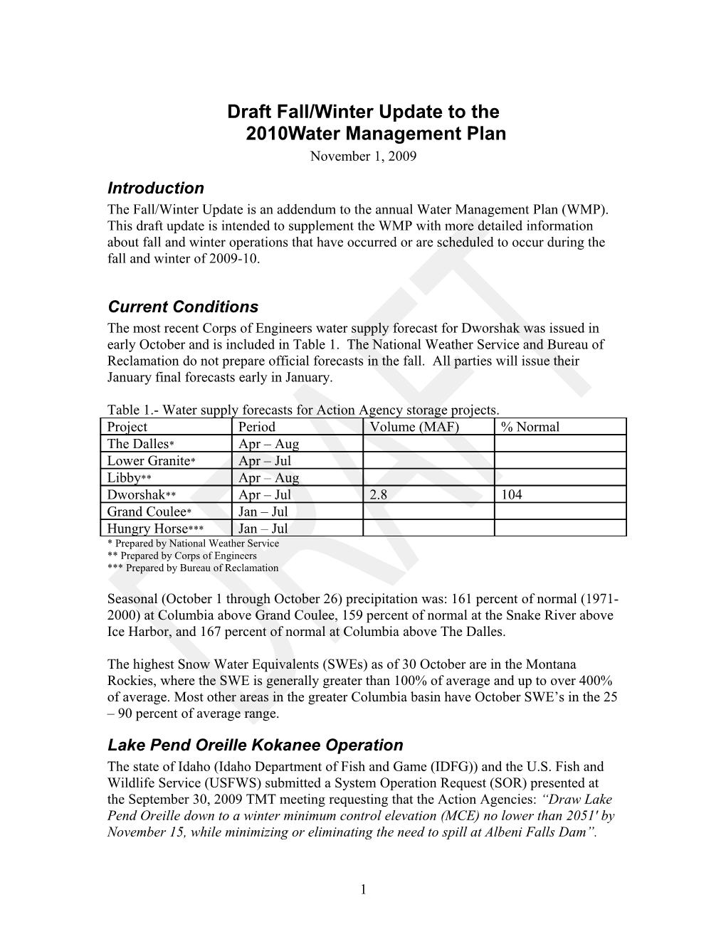 Draft Fall/Winter Update to the 2010 WMP