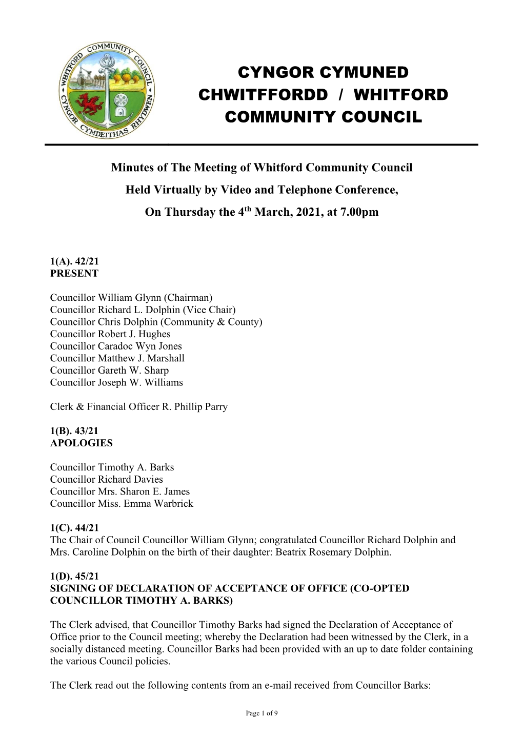 Minutes of the Meeting of Halkyn Community Council