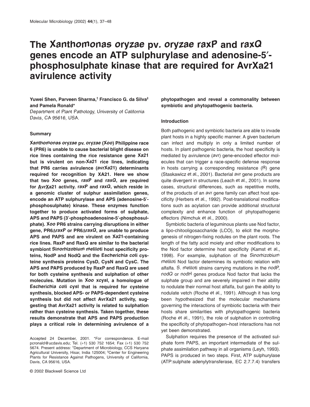 The Xanthomonas Oryzae Pv. Oryzae Raxp and Raxq Genes Encode an ATP Sulphurylase and Adenosine-5