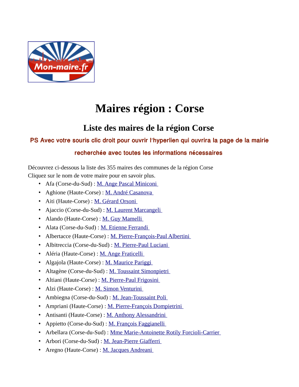 Liste Des Maires De La Région Corse