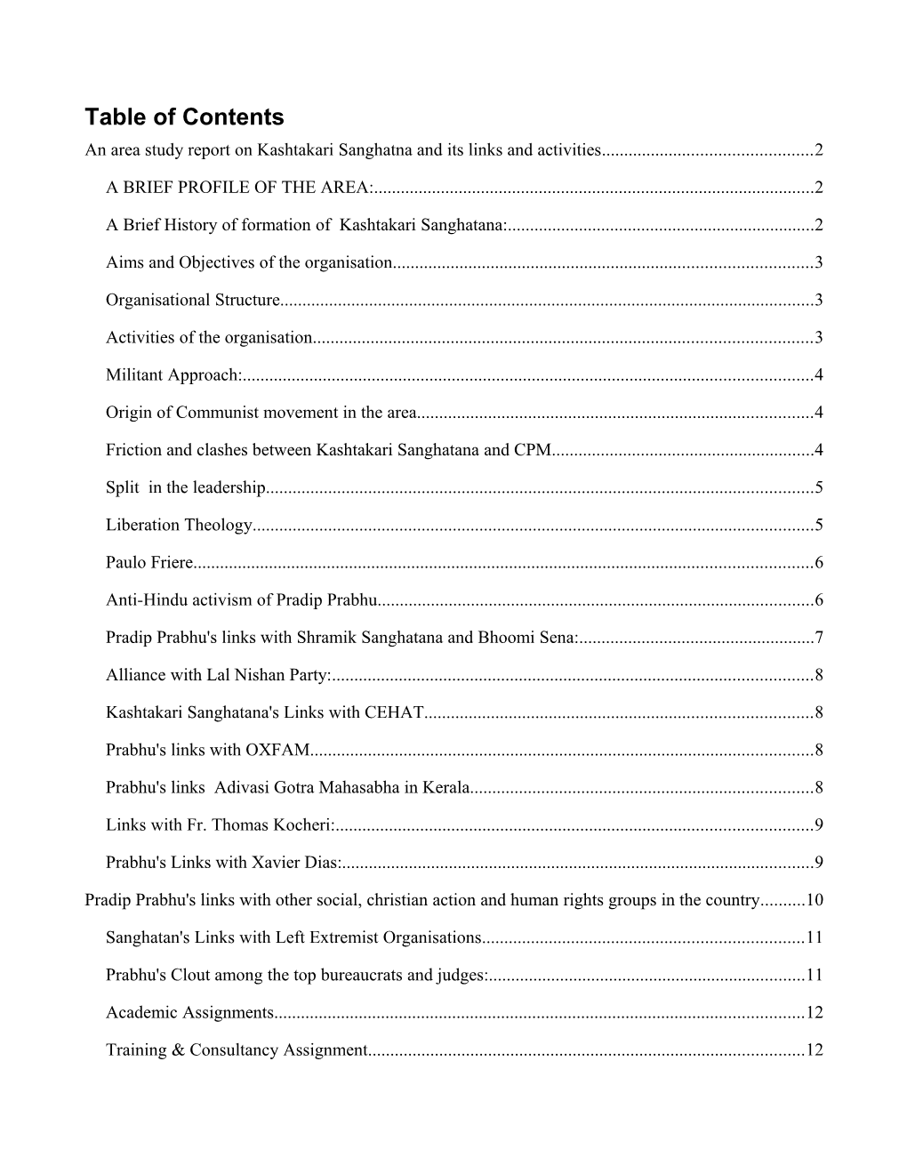 Table of Contents an Area Study Report on Kashtakari Sanghatna and Its Links and Activities