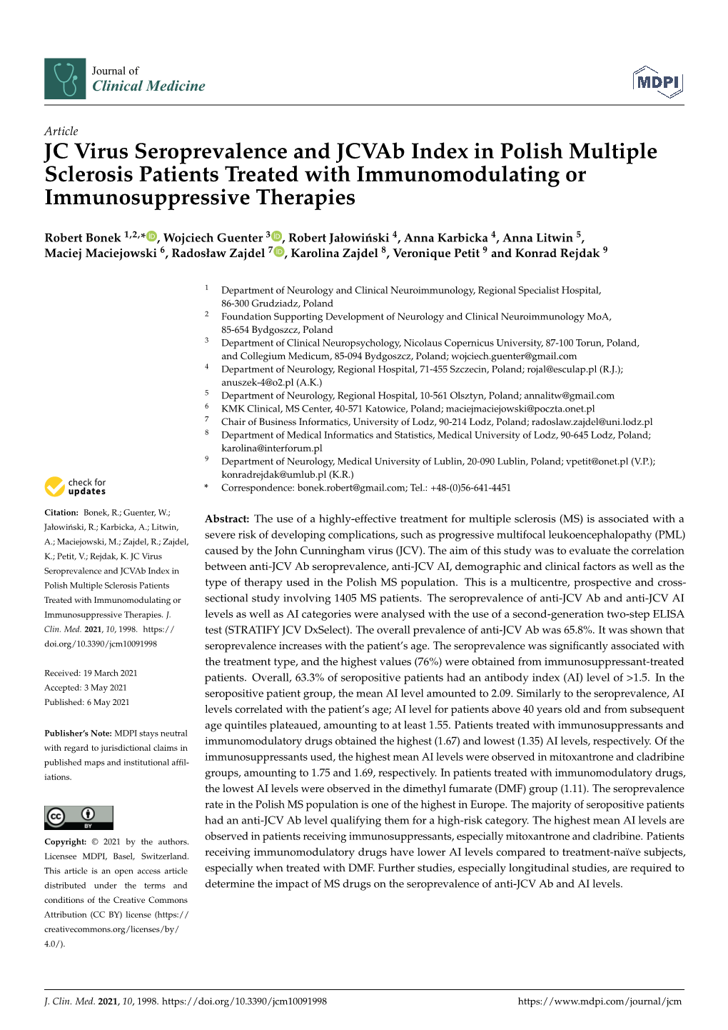 JC Virus Seroprevalence and Jcvab Index in Polish Multiple Sclerosis Patients Treated with Immunomodulating Or Immunosuppressive Therapies