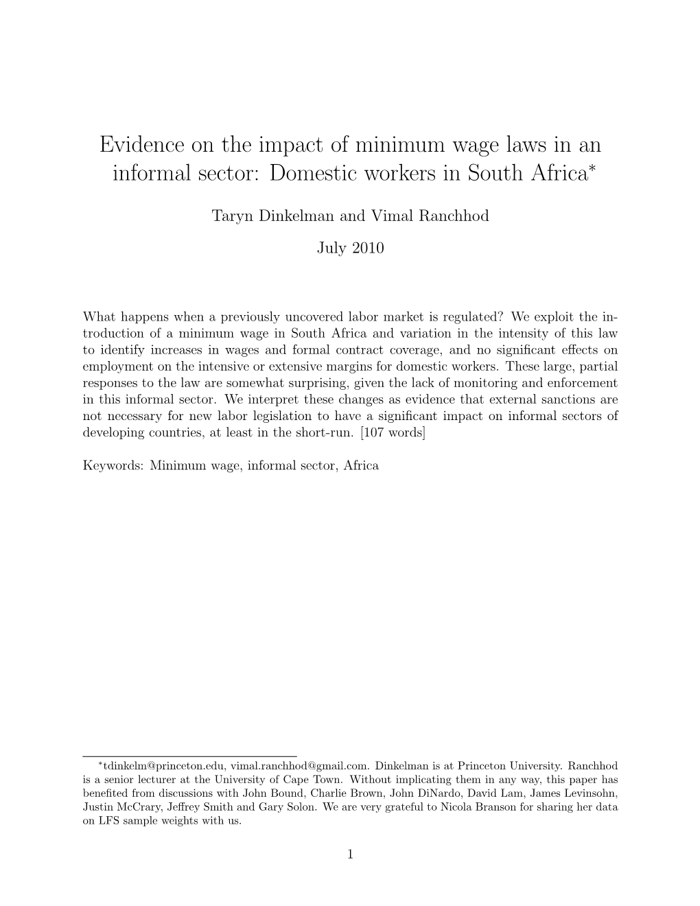 Evidence on the Impact of Minimum Wage Laws in an Informal Sector: Domestic Workers in South Africa∗