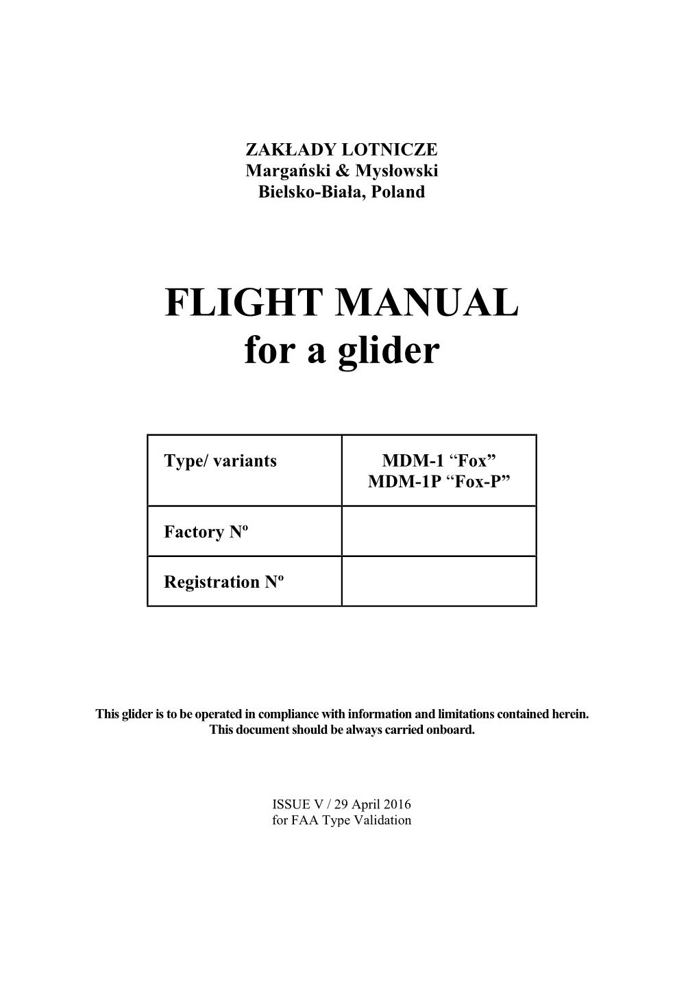 FLIGHT MANUAL for a Glider