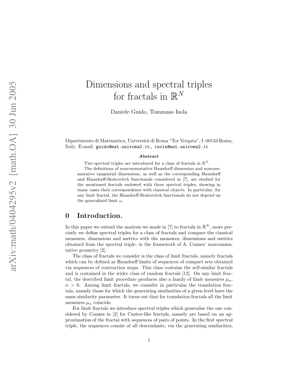 [Math.OA] 30 Jun 2005 Dimensions and Spectral Triples for Fractals in R