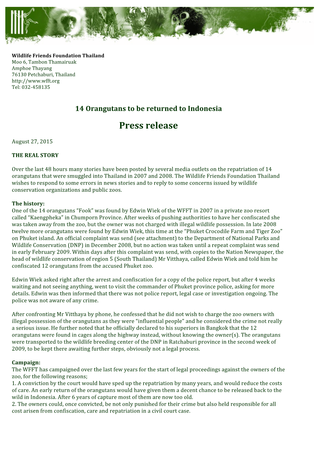 PRESS RELEASE Orangutans Thailand August 2015