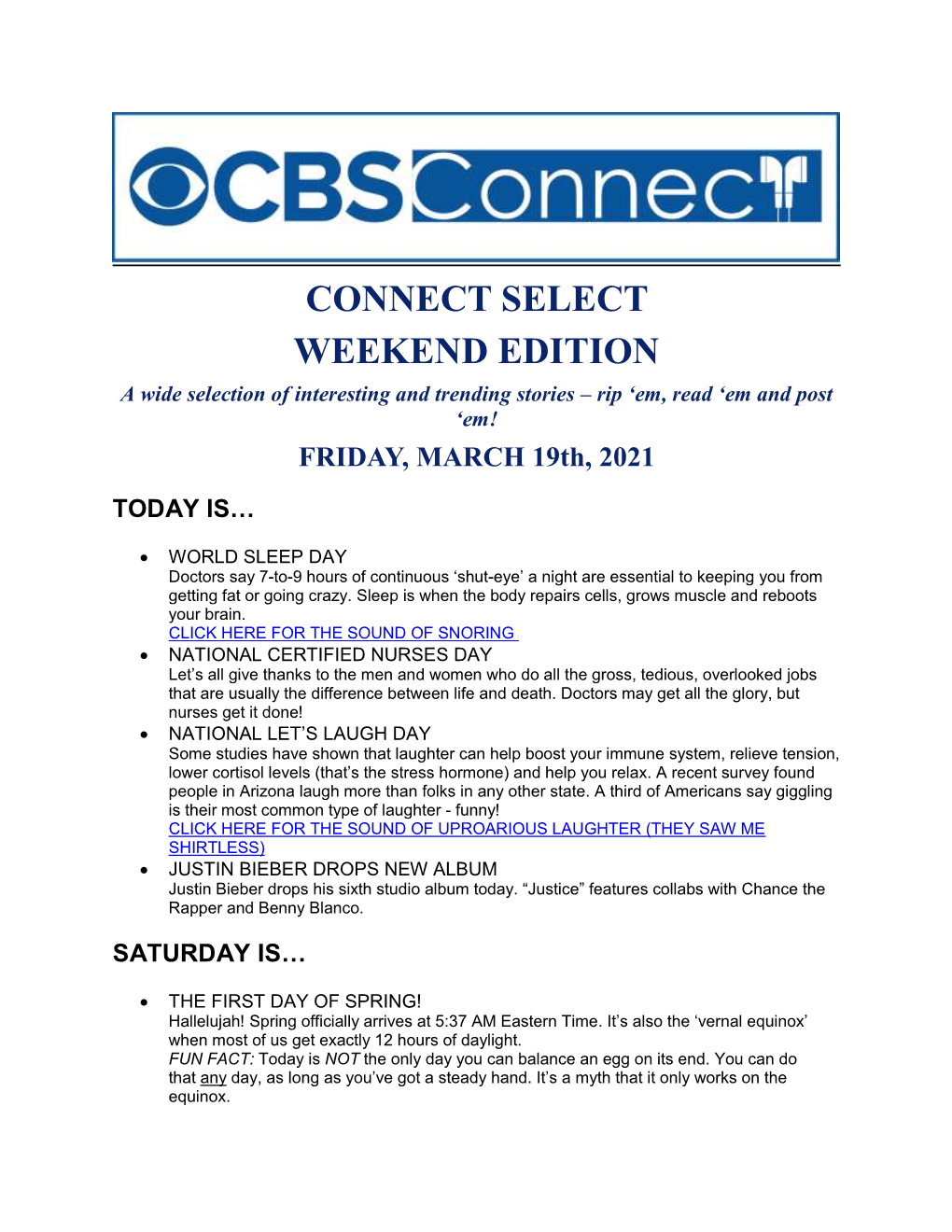 CONNECT SELECT WEEKEND EDITION a Wide Selection of Interesting and Trending Stories – Rip ‘Em, Read ‘Em and Post ‘Em! FRIDAY, MARCH 19Th, 2021