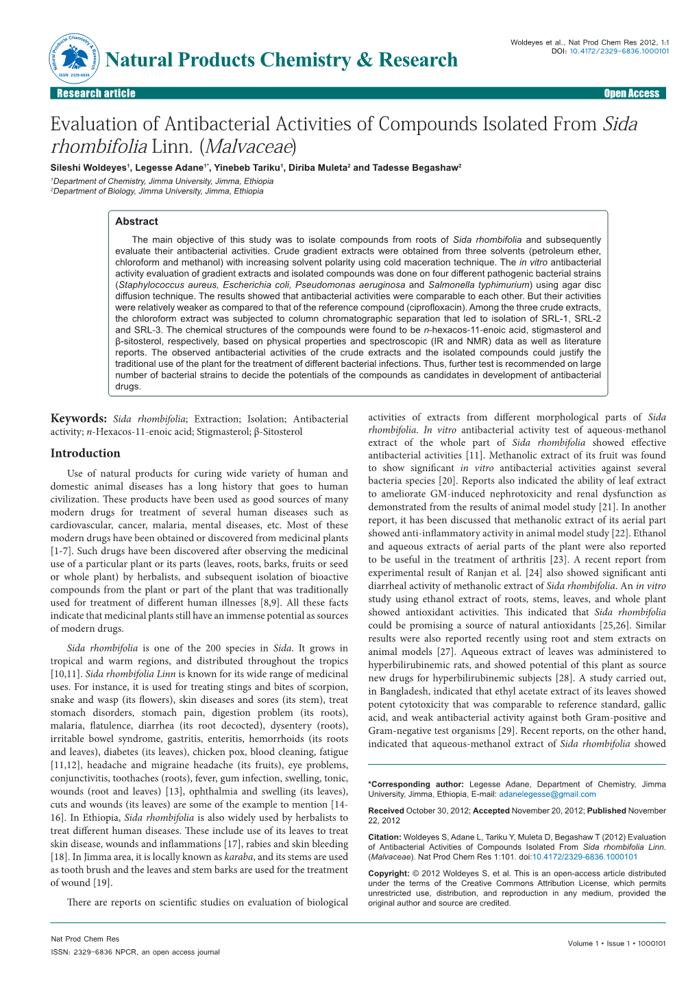 Evaluation of Antibacterial Activities of Compounds Isolated from Sida Rhombifolia Linn