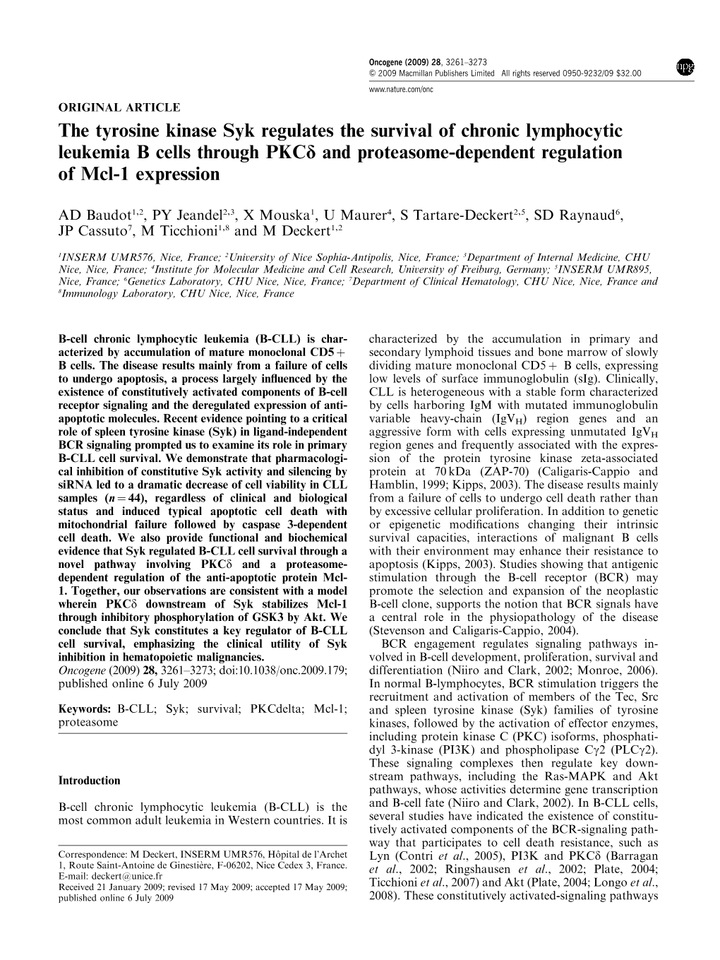 The Tyrosine Kinase Syk Regulates the Survival of Chronic Lymphocytic Leukemia B Cells Through Pkcd and Proteasome-Dependent Regulation of Mcl-1 Expression