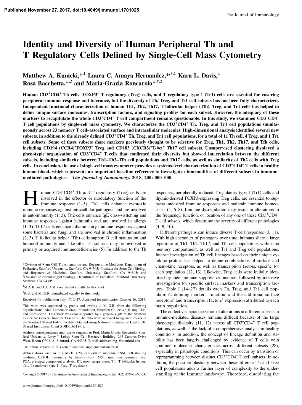 Identity and Diversity of Human Peripheral Th and T Regulatory Cells Deﬁned by Single-Cell Mass Cytometry