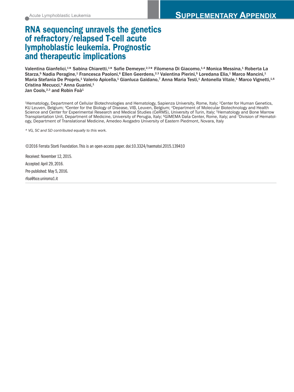 RNA Sequencing Unravels the Genetics of Refractory/Relapsed T-Cell Acute Lymphoblastic Leukemia