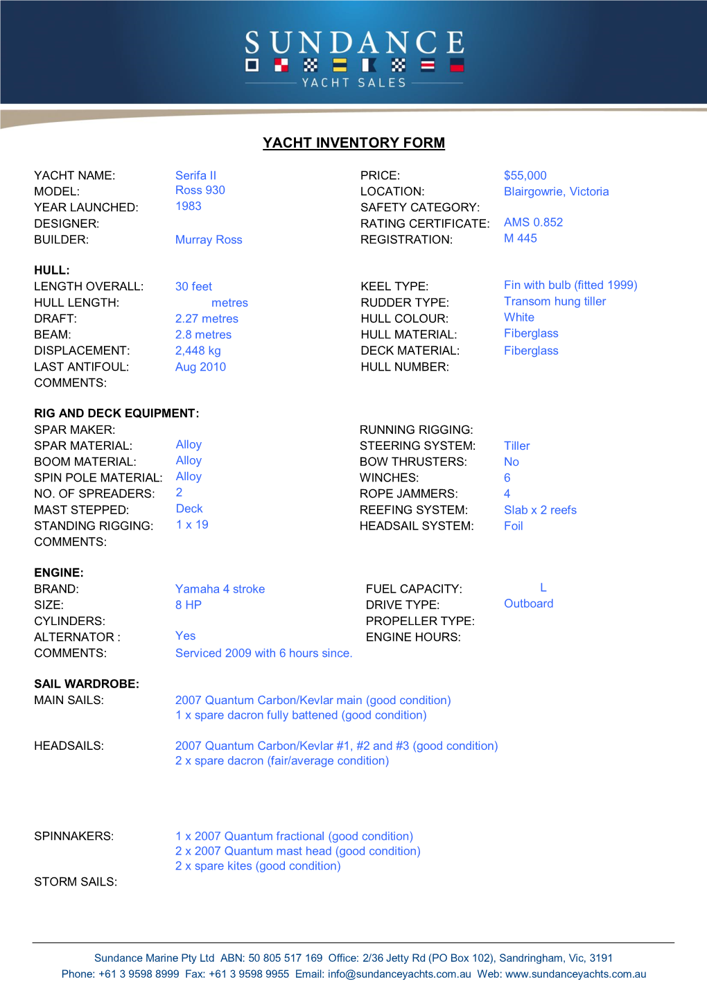 Yacht Inventory Summary Form