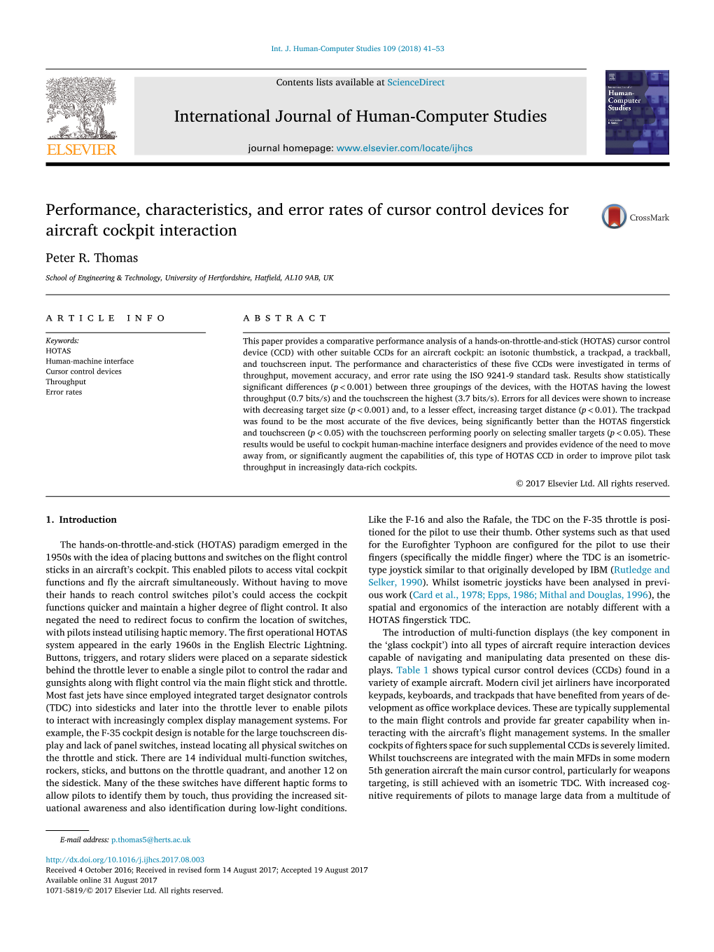 Performance, Characteristics, and Error Rates of Cursor Control Devices for Aircraft Cockpit Interaction