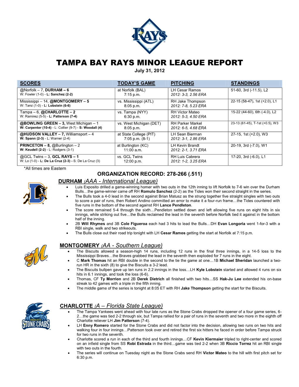 Devil Rays Minor League Report