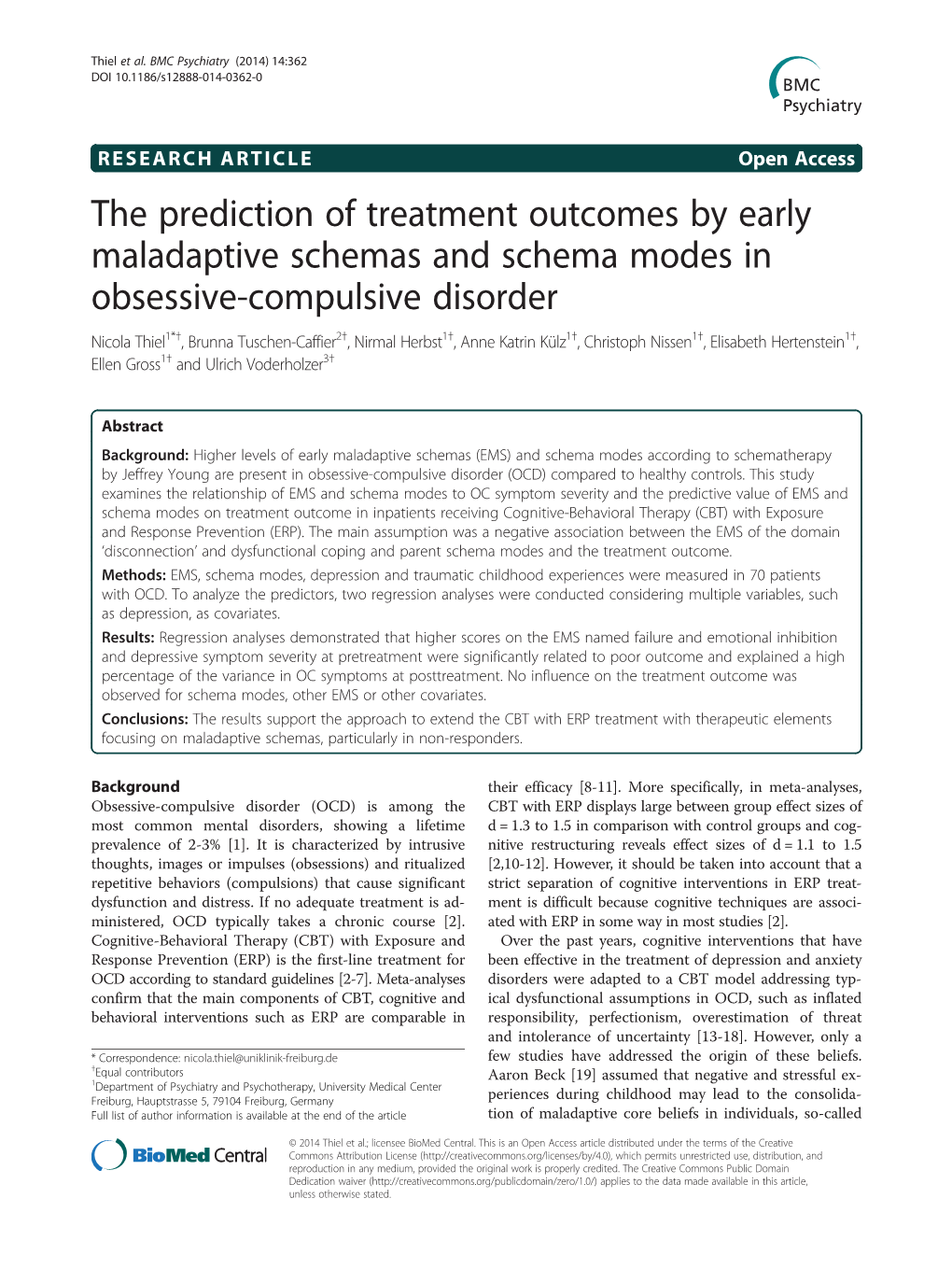 The Prediction of Treatment Outcomes by Early Maladaptive Schemas And