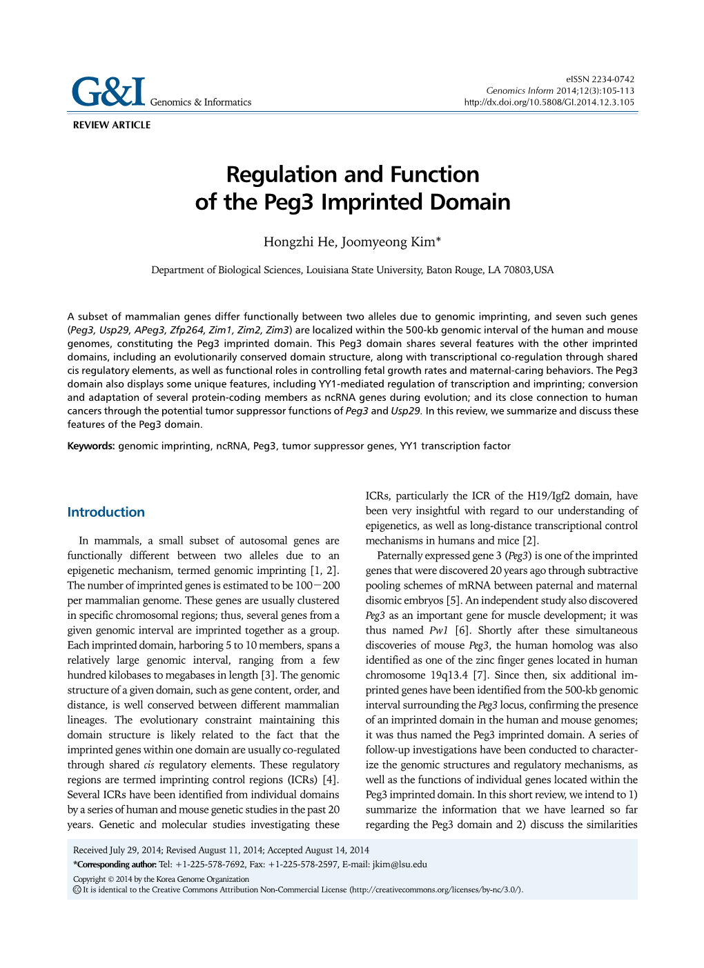 Regulation and Function of the Peg3 Imprinted Domain