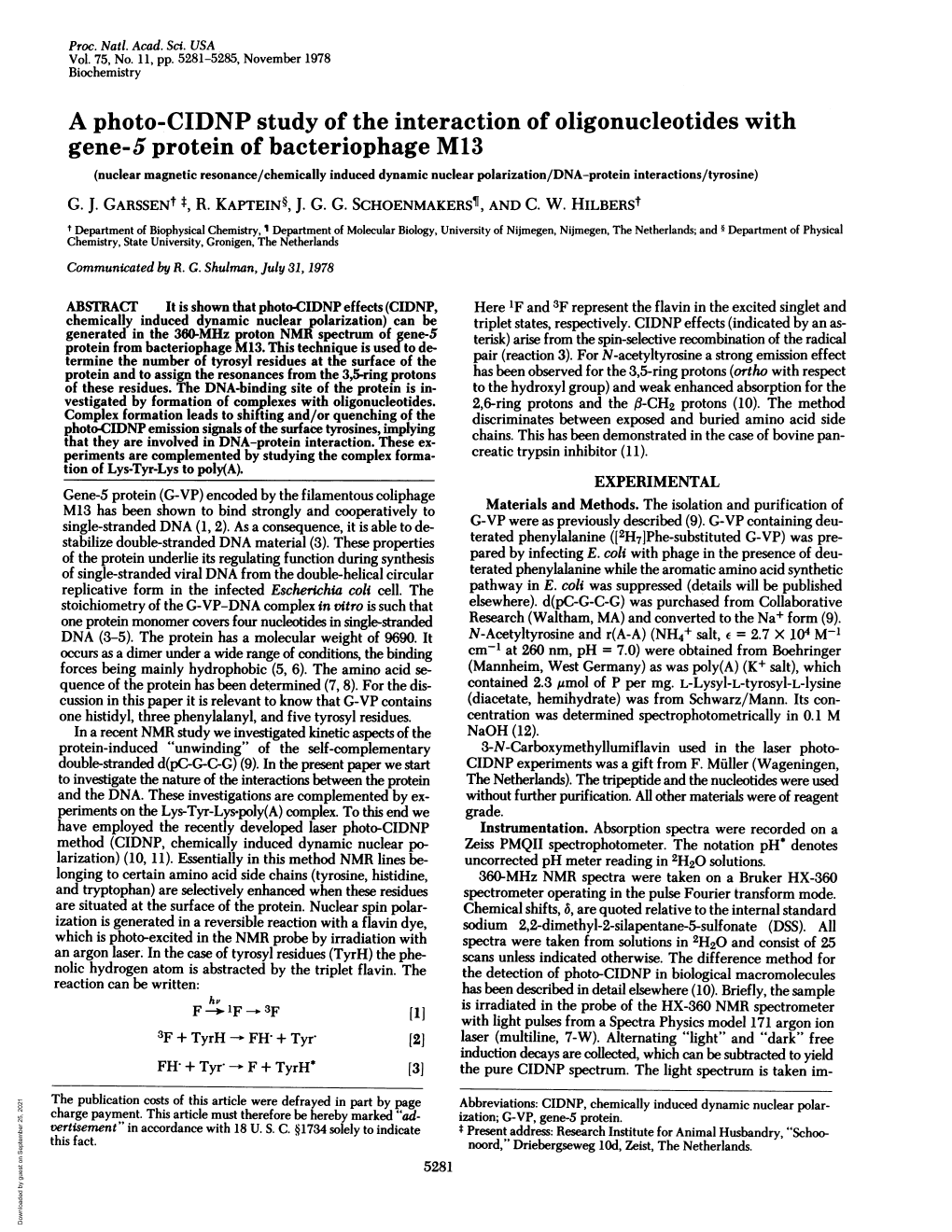 Gene-5 Protein of Bacteriophage M13 (Nuclear Magnetic Resonance/Chemically Induced Dynamic Nuclear Polarization/DNA-Protein Interactions/Tyrosine) G