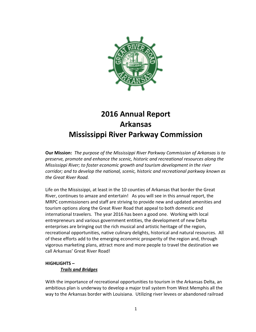 2016 Annual Report Arkansas Mississippi River Parkway Commission