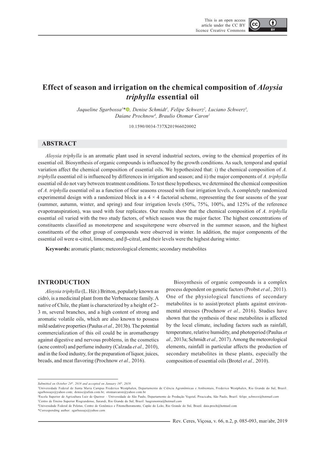 Effect of Season and Irrigation on the Chemical Composition of Aloysia Triphylla Essential Oil