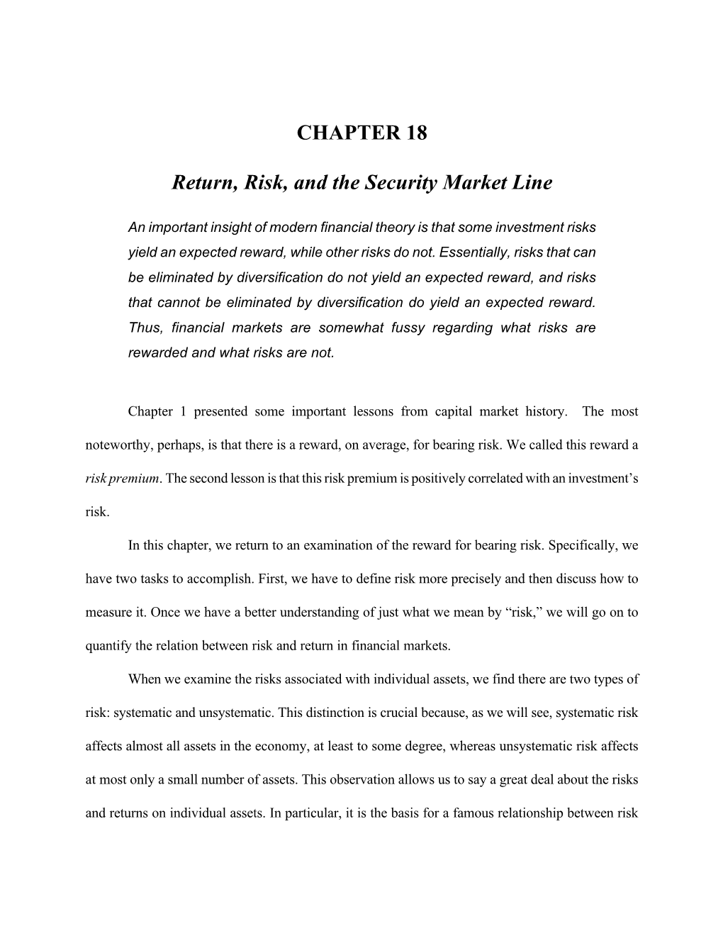 Chapter 18 Return, Risk, and the Security Market Line End of Chapter Questions and Problems