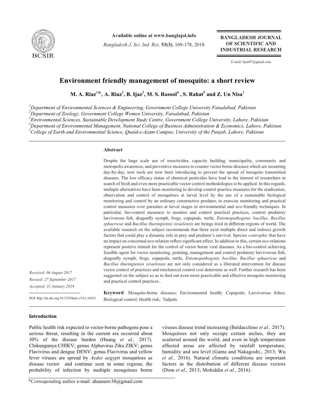 Environment Friendly Management of Mosquito: a Short Review Medical Entomology 52(4): 663-671