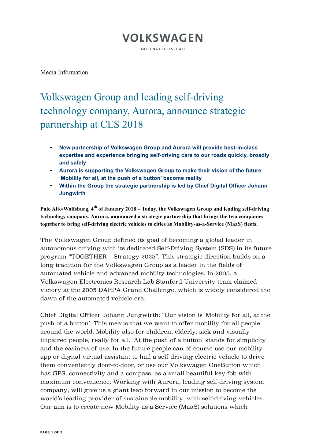 Volkswagen Group and Leading Self-Driving Technology Company