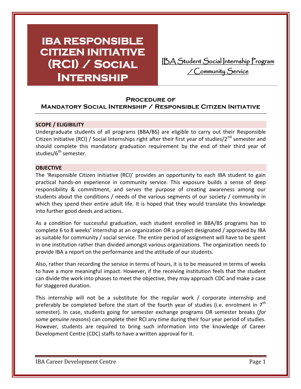 IBA RESPONSIBLE CITIZEN INITIATIVE (RCI) / Social IBA Student Social Internship Program / Community Service Internship