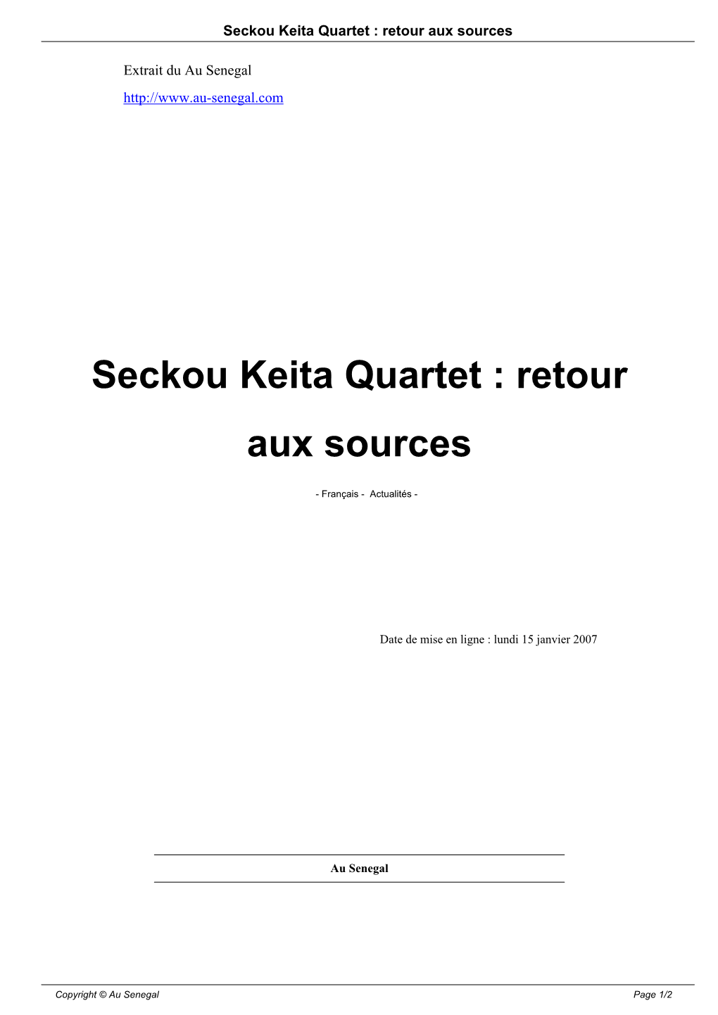 Seckou Keita Quartet : Retour Aux Sources