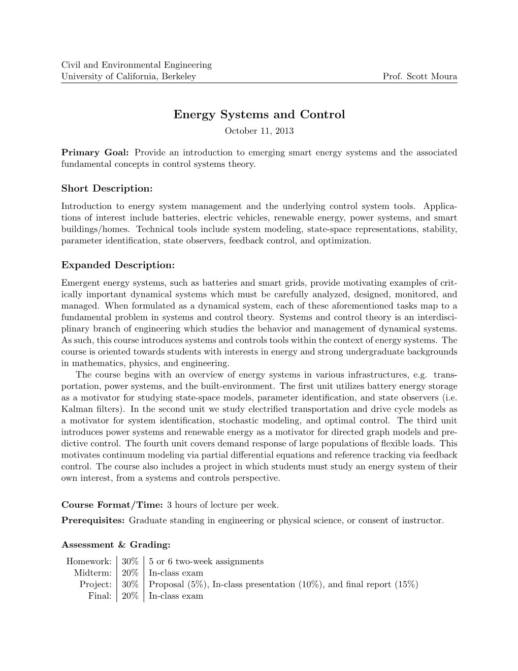 Energy Systems and Control October 11, 2013