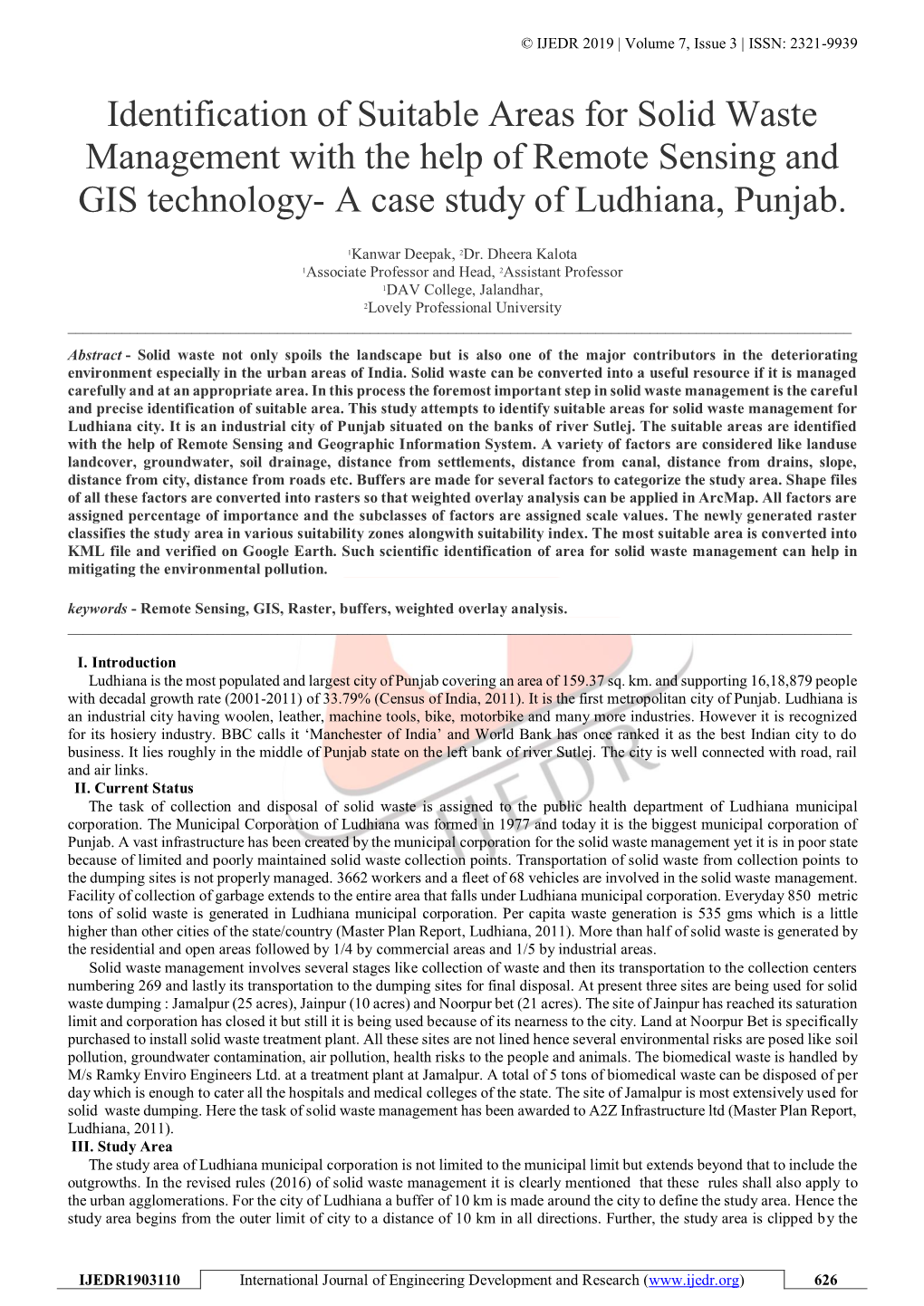 Identification of Suitable Areas for Solid Waste Management with the Help of Remote Sensing and GIS Technology- a Case Study of Ludhiana, Punjab