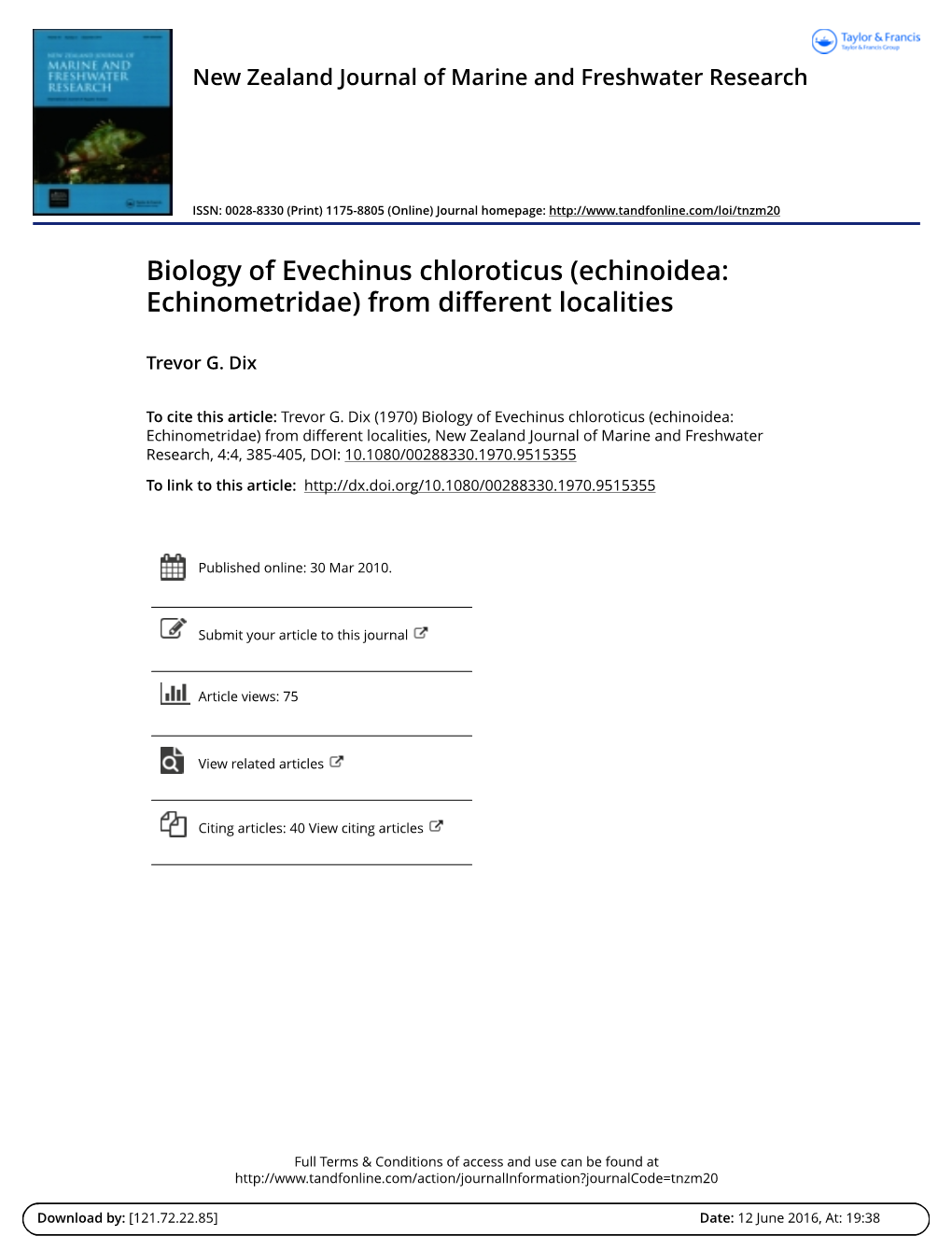 Biology of Evechinus Chloroticus (Echinoidea: Echinometridae) from Different Localities