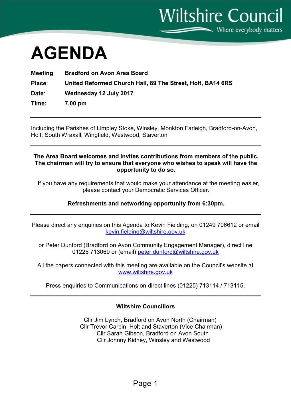 Agenda Document for Bradford on Avon Area Board, 12/07/2017 19:00