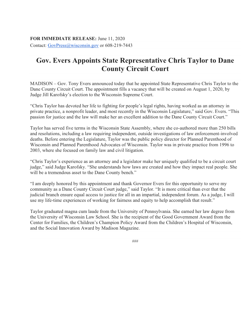 Gov. Evers Appoints State Representative Chris Taylor to Dane County Circuit Court