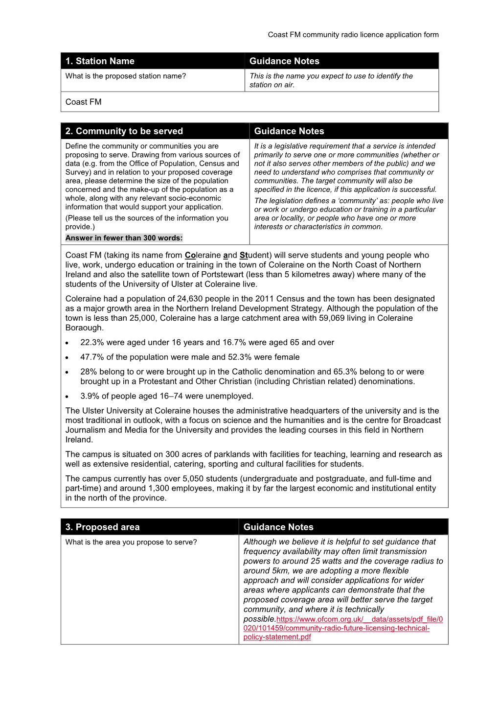 1. Station Name Guidance Notes 2. Community to Be Served Guidance