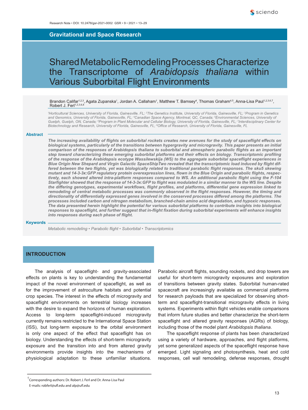 Shared Metabolic Remodeling Processes Characterize the Transcriptome of Arabidopsis Thaliana Within Various Suborbital Flight Environments