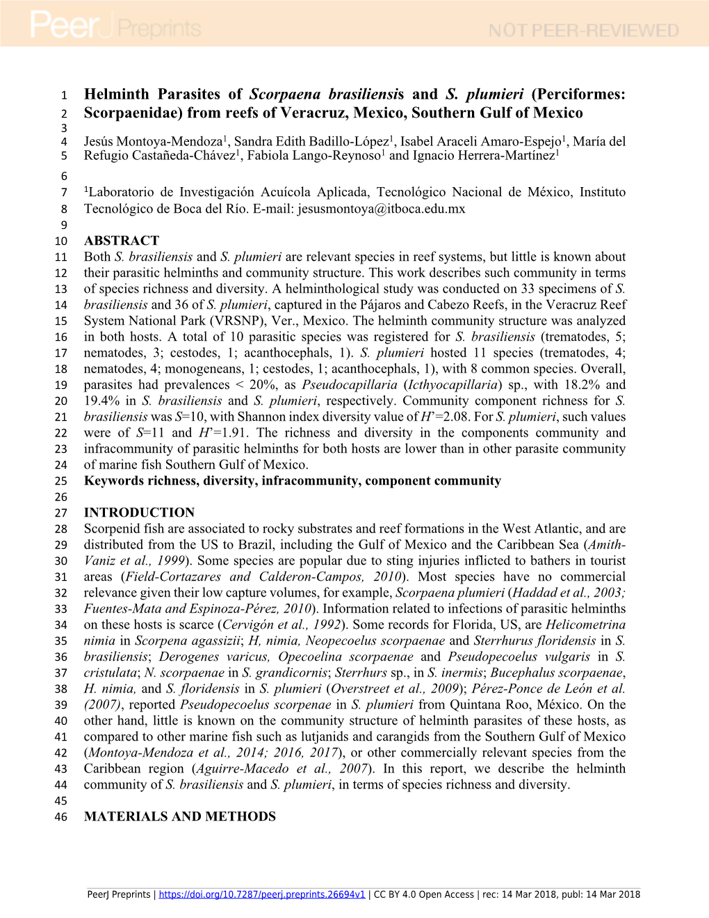 Helminth Parasites of Scorpaena Brasiliensis and S